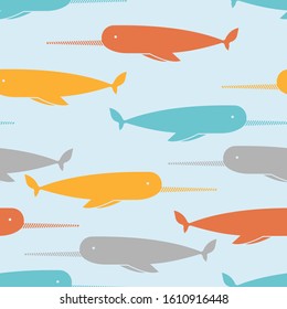 Narwhal pattern seamless. Unicorn-fish background. vector texture. See animal Baby fabric ornament
