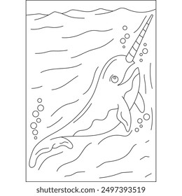 narwhal sea animal coloring book page for kids or grown adults creative coloring mindful relaxation activity