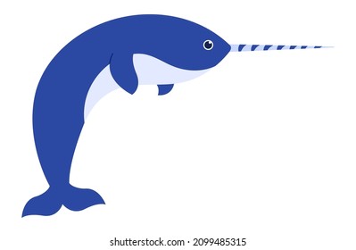 Narwhal sea animal with horn isolated on white. Narwhal ocean animal cute, sea character with horn, marine cartoon vector illustration