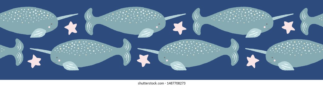 Narwhal seamless border pattern with stars. A cute hand drawn sea life vector design ideal for ribbon, tape or edge trim.