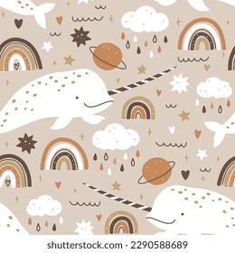 Narwhal seamless pattern in simple hand drawn scandinavian style. Cute sea animal with simple rainbow elements with rain, planets and stars in a gender neutral palette. Vector nursery illustration