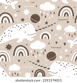 Narwhal seamless pattern in simple hand drawn scandinavian style. Cute sea animal with simple rainbow elements with rain, planets and stars in a gender neutral palette. Vector nursery illustration