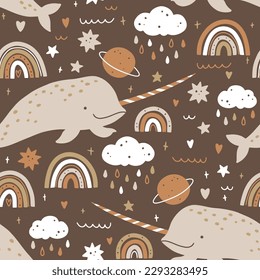 Narwhal seamless pattern in simple hand drawn scandinavian style. Cute sea animal with simple rainbow elements with rain, planets and stars in a gender neutral palette. Vector nursery illustration