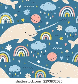 Narwhal seamless pattern in simple hand drawn scandinavian style. Cute sea animal with simple rainbow elements with rain, planets and stars in a colorful pastel palette. Vector nursery illustration
