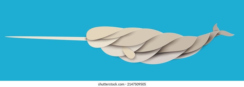 Narwhal silhouette isolated on blue background. Abstract wild animal. Creative 3d concept in cartoon craft paper cut style. Colorful minimal design character. Modern geometric vector illustration.