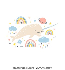 Narwhal in simple hand drawn scandinavian style. Cute sea animal with simple rainbow elements with rain, planets and stars in a colorful pastel clean palette. Vector isolate on a white background.