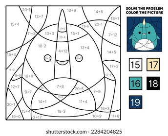 Narwhal. Solve the problem, color the picture. Addition, Subtraction. Coloring book. Kawaii, cartoon, vector. Isolated vector illustration eps 10