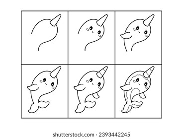 Narwhal. Step by step drawing. Coloring page, coloring book page. Black and white vector illustration.