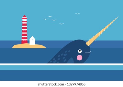 Narwhal swimming near island with lighthouse