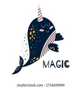 Narwhal text Cute narwhal whale with text Magic, funny unicorn whale drawing for kids wall art, print Vector