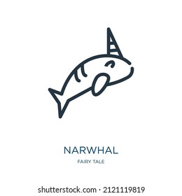 narwhal thin line icon. whale, fish linear icons from fairy tale concept isolated outline sign. Vector illustration symbol element for web design and apps.