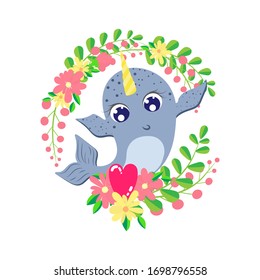 Narwhal Toddler kawaii character in flowers frame, kids vector illustration isolated on white