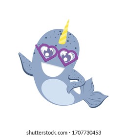 Narwhal Toddler kawaii character with heart shape glasses, kids vector illustration isolated on white