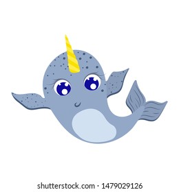 Narwhal Toddler kawaii character, kids vector illustration isolated on white