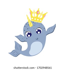 Narwhal Toddler kawaii character, kids vector illustration isolated on white with crown