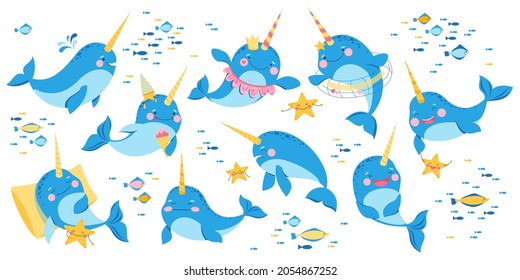 Narwhal or underwater unicorn characters with fishes and starfishes. The cute whale with funny faces. Vector illustration isolated on white background. Objects for your design