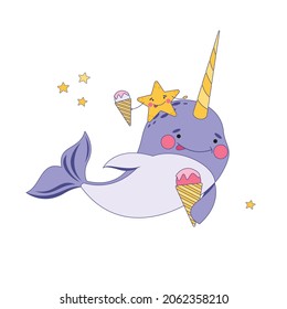 Narwhal or underwater unicorn characters with ice cream and starfish. Cute whale unicorn with funny face on white background. Undersea world. Vector illustration.