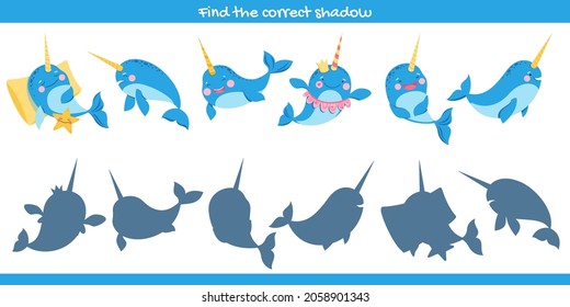 Narwhal or underwater unicorn. Shadow matching game for preschool children.  Cute whale unicorn. Educational activity for children. Vector illustration. 