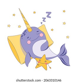 Narwhal or underwater unicorn  with starfish. Cute whale unicorn sleep on a pillow. Undersea world. Vector illustration on a white background.