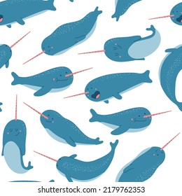 Narwhal vector cartoon seamless pattern on a white background for wallpaper, wrapping, packing, and backdrop.