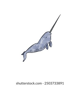 A narwhal vector file with a blue watercolour effect and black edge. Smiling side profile sea life.