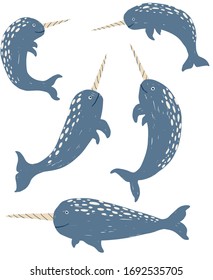 Narwhal vector illustration.  Cute hand drawn cartoon narwhal set isolated on white background