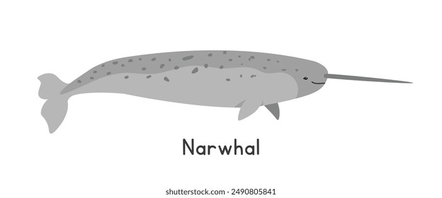 Ilustración vectorial Narwhal. Lindo Clipart de dibujos animados narval, animal en estilo plano. Animales marinos, criaturas submarinas, animales oceánicos, concepto de vida marina. Diseño de Vector Narwhal aislado en blanco