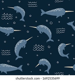 Narwhal vector seamless pattern.  Cute hand draw pattern for kids on blue background. Cartoon childish narwhal for wrapping paper, fabric, textile, wallpaper, home decor