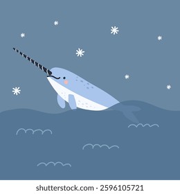 Narwhal in water. Cold ocean winter animal. Huge underwater fish. Swimming marine mammal. Childish decorative print. Vector cartoon flat style isolated illustration