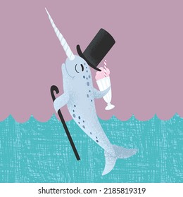 A narwhal wearing a top hat holds a strawberry milkshake and a cane in his fins. Vector illustration.