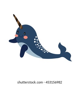 Narwhal whale animal cartoon character isolated on white background.