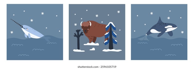 Narwhal, whale and bison. Cold ocean or forest winter animal. Huge underwater fish. Swimming marine mammal. Childish decorative print. Vector cartoon flat style isolated illustration