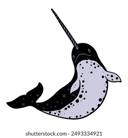 Narwhal whale black and white hand drawn vector illustration.