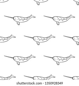 Narwhal whale character abstract hand drawn vector seamless pattern. Marine mammal. Ocean and sea animal curve paint sign. Doodle line sketch illustration. Realistic element design, fabric printing.