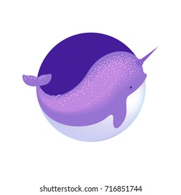  Narwhal whale, isolated, on a violet circle. 