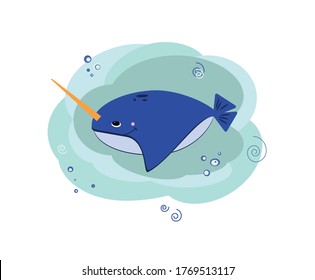 Narwhal. Whale. The unicorn. Kid. Vector illustration.