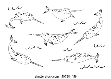 narwhal whale vector line set