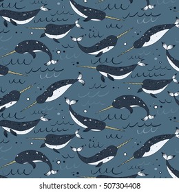 narwhal whale vector pattern