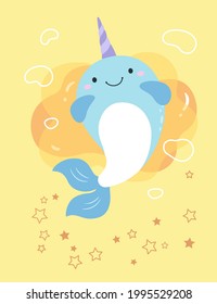 The narwhal's body is upright, the tail is swinging, and the background is an abstract irregular figure