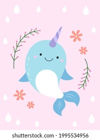 The narwhal's body is upright, its tail is swinging, and there are small flowers and grass in the background