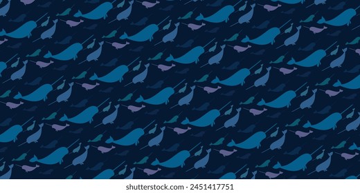 Narwhals marine seamless pattern with flat style. Texture for fabric, textile, wrapping. Vector Illustration