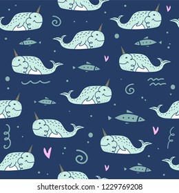 Narwhals pattern, vector Illustration. Unique print for wallpaper, wrapping paper, clothes and other.