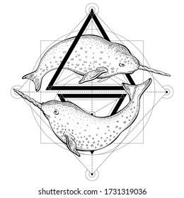 Narwhals tattoo. Geometry vector illustration with triangles and sea animals. Sketch logo in hipster vintage style. Hand drawn narwhal whales art, black line engraved poster isolated white background