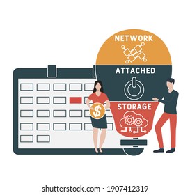 NAS: acrónimo de almacenamiento de información conectado en red. fondo de concepto de negocio.  concepto de ilustración vectorial con palabras clave e iconos. ilustración con iconos para banner web, volante, página de inicio