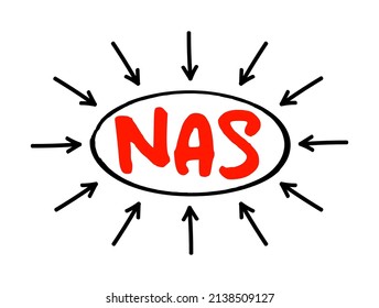 NAS Network-Attached Storage - file-level computer data storage server connected to a computer network, acronym text with arrows
