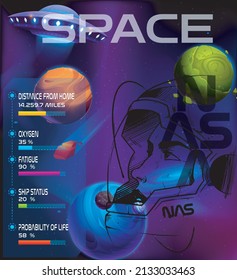 
NASA Space. Vector abstract illustrations of an astronaut, planets, galaxies, mars, future, earth and stars. Science fiction cartoon for poster, cover or background