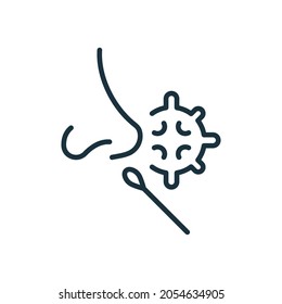 Nasal Analysis Swab for Corona Line Icon. Nasal Swab Test Linear Pictogram. DNA exam with Nasal Swab Outline Icon. Editable Stroke. Isolated Vector Illustration.
