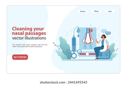 Nasal Cleaning Process Illustration. Showcases a person learning about nasal irrigation with medical tools for maintaining clear nasal passages and olfactory care.