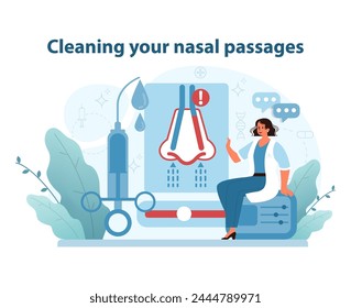 Nasal Cleaning Process Illustration. Showcases a person learning about nasal irrigation with medical tools for maintaining clear nasal passages and olfactory care.