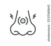 Nasal Congestion Icon. Thin Line Illustration of Nose with Pressure Symbol Representing Blockage. Medical Vector Sign for Sinus Pressure and Breathing Issues.